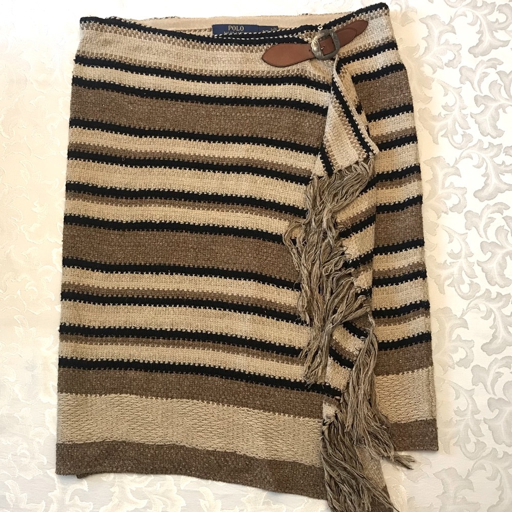 RALPH LAUREN,Polo Blue Tag, western fringe knit skirt, silk linen cotton, size S
